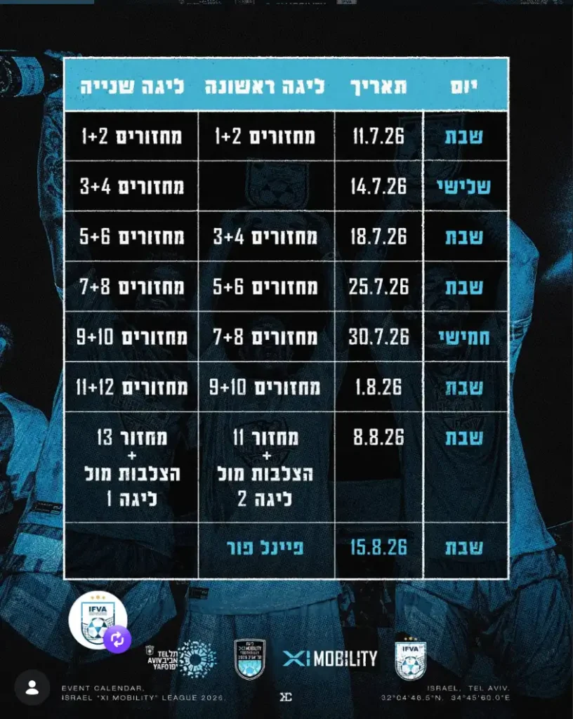 לו"ז ליגת XI MOBILITY תל־אביב 2026