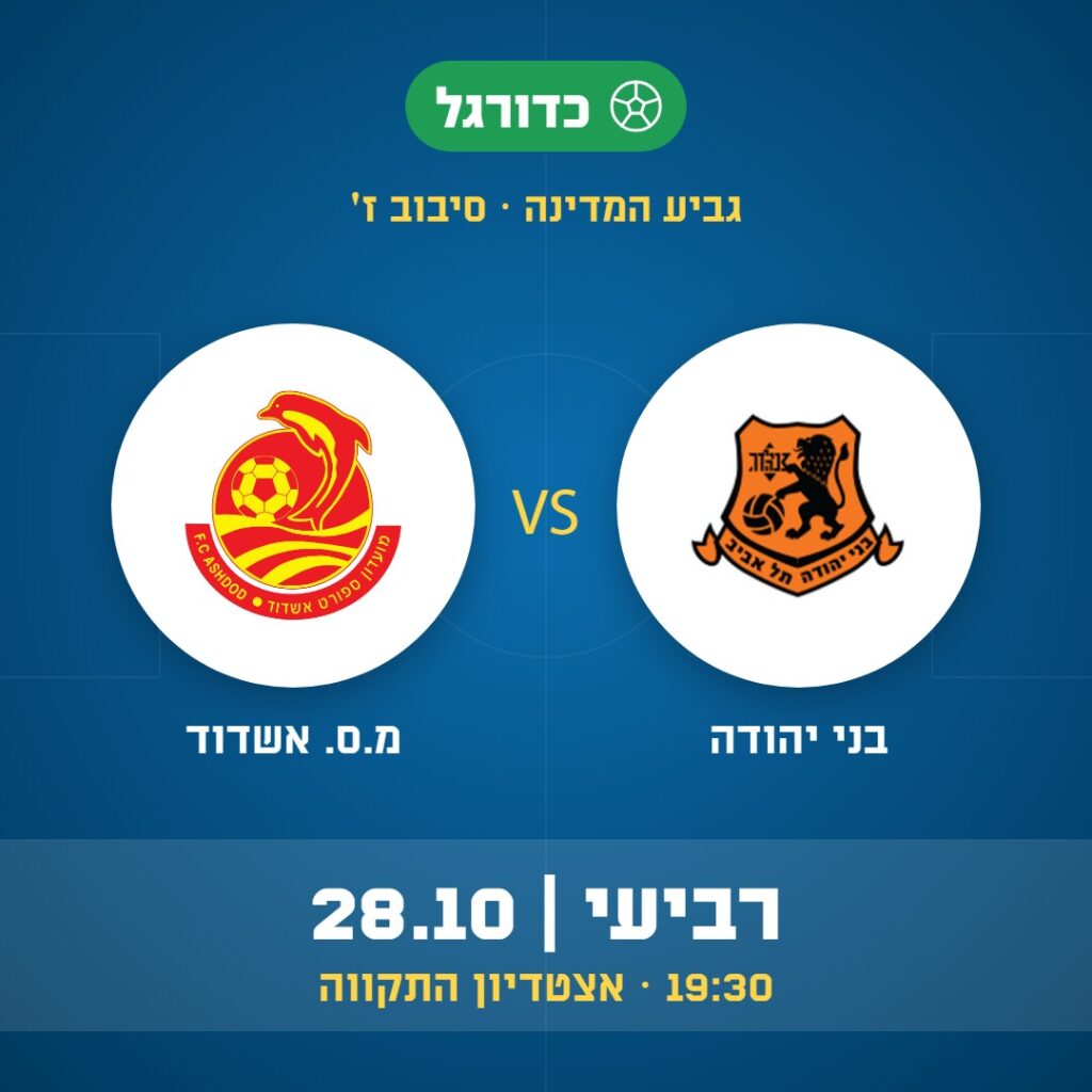 כדורגל: בני יהודה נגד מ.ס. אשדוד, גביע המדינה, סיבוב ז', רביעי 28.10 בשעה 19:30 באצטדיון התקווה