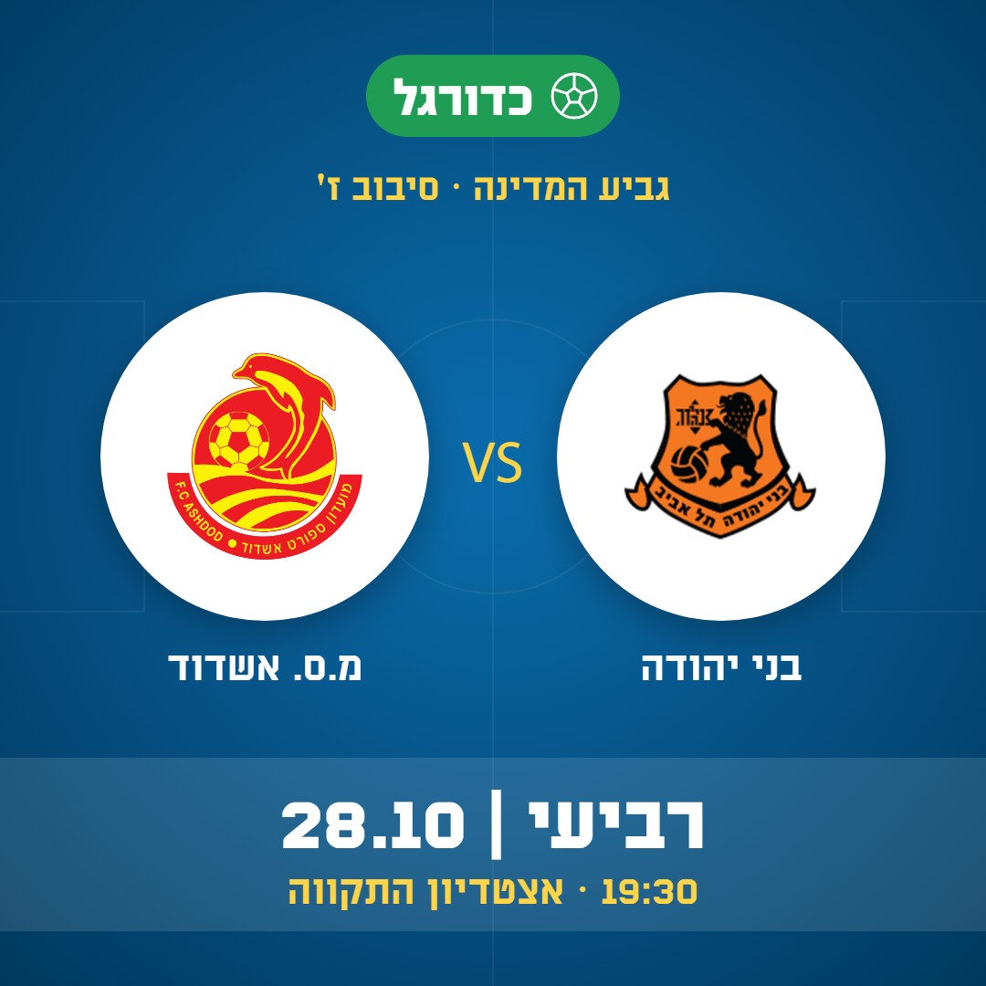 כדורגל: בני יהודה נגד מ.ס. אשדוד, גביע המדינה, סיבוב ז', רביעי 28.10 בשעה 19:30 באצטדיון התקווה