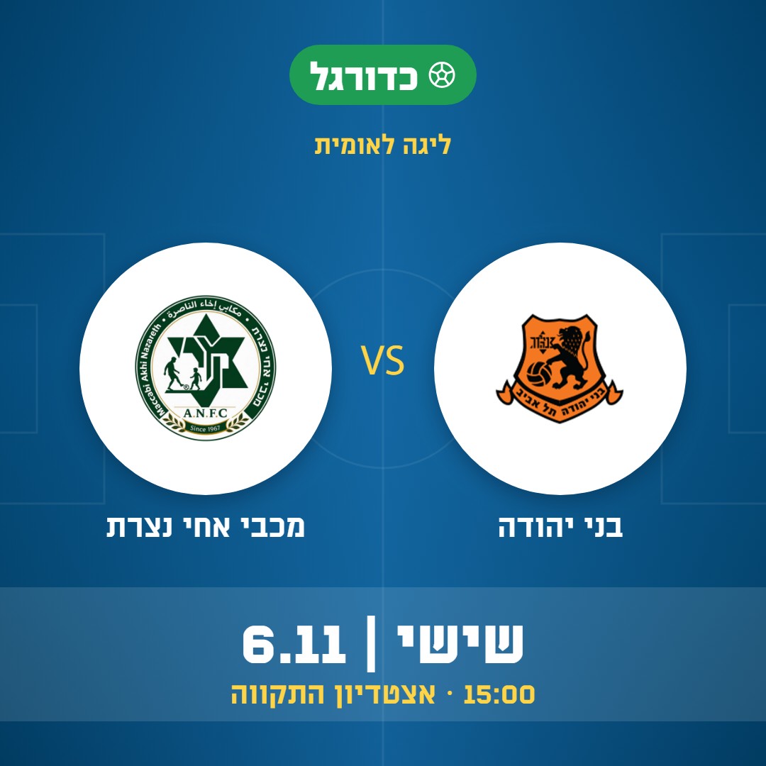 כדורגל: בני יהודה נגד מכבי אחי נצרת, ליגה לאומית, שישי 6.11 בשעה 15:00 באצטדיון התקווה