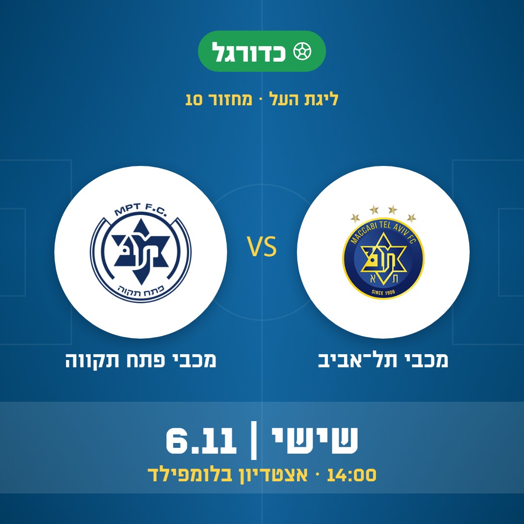 כדורגל: מכבי תל־אביב נגד מכבי פתח תקווה, ליגת העל, מחזור 10, שישי 6.11 בשעה 14:00 באצטדיון בלומפילד